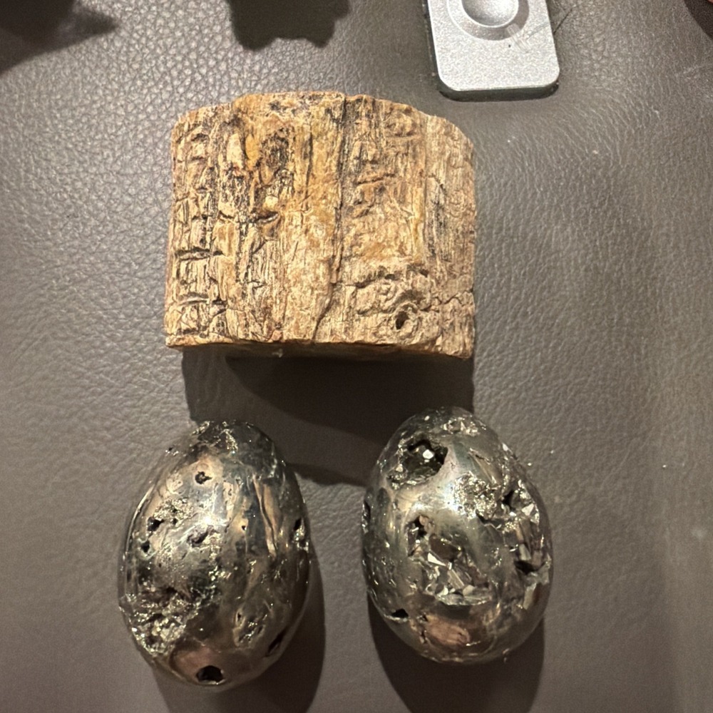 New 3pc Premium Mineral Lot - Double Pyrite Druzy Geode Eggs & Petrified Wood